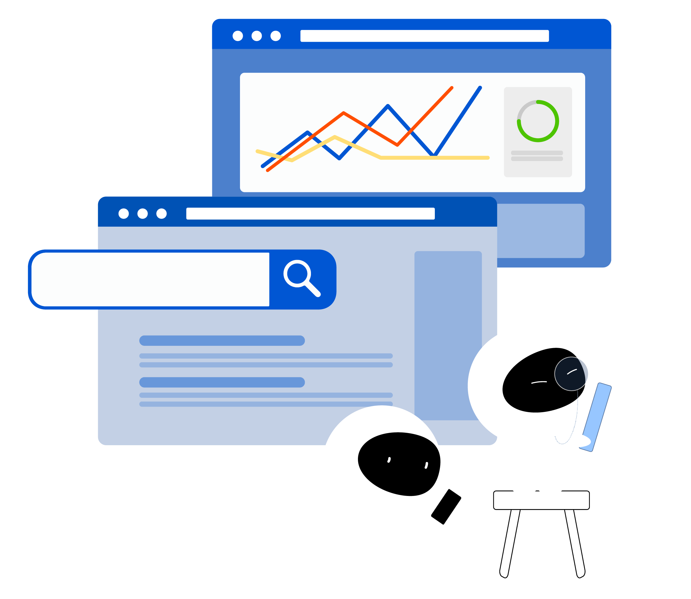 Drawing: two marketyze mascots at a search bar and a results chart