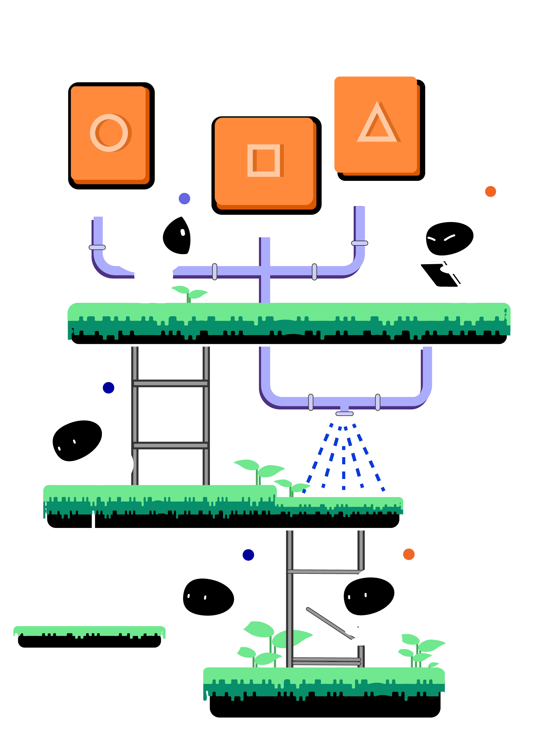 Drawing: marketyze mascots at work on platforms joined by pipes