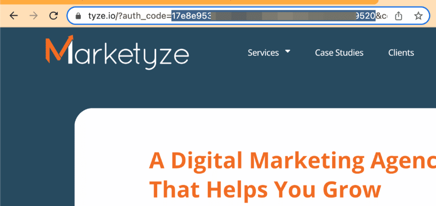 Marketyze Auth code from URL bar