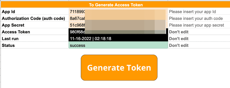 Click on generate token on the Google Sheets to extract TikTok Ads data created by Marketyze.