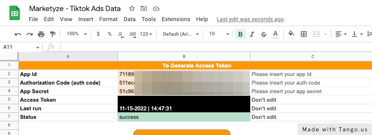 Access token and run time updated on the Google Sheets to extract TikTok Ads data created by Marketyze.