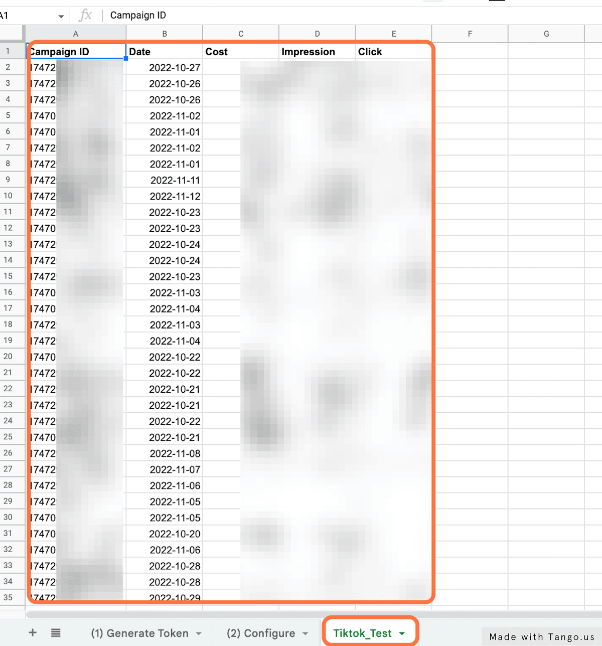 Sample report generated by the Google Sheets to extract TikTok Ads data created by Marketyze.