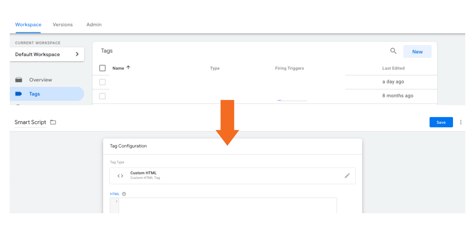 Create a new tag, name the tag, click Tag Configuration, and select Custom HTML on Google Tag Manager.